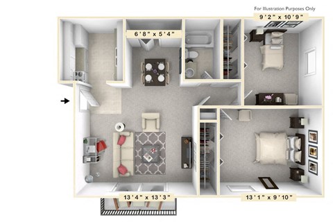 The Reef - 2 BR 1 BA Floor Plan at Scarborough Lake Apartments, Indiana, 46254